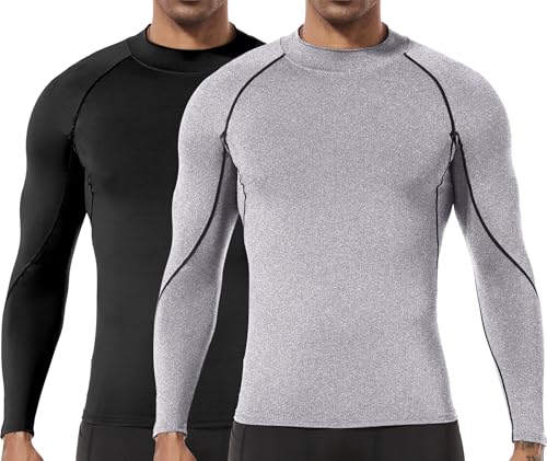 Herren (2er Pack) Kompression Langarm Stehkragen Wintersport Baselayer T-Shirts Tops Schwarz/Grau05-2XL von Holure