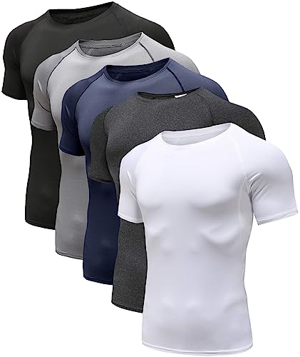 Herren (3er Pack) Cool Dry Kompression Kurz/Langarm Sport Baselayer T-Shirts Tops, 5er-Pack: Schwarz/Grau/Carbon-Schwarz/Weiß/Marineblau, M von Holure