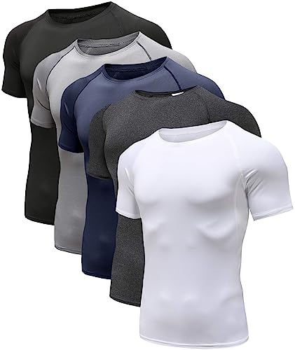 Herren (3er Pack) Cool Dry Kompression Kurz/Langarm Sport Baselayer T-Shirts Tops, 5er-Pack: Schwarz/Grau/Carbon-Schwarz/Weiß/Marineblau, XXL von Holure