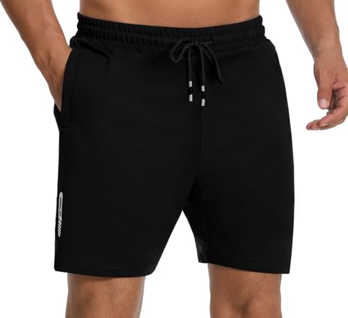 Herren 1 Pack Baumwolle sportliche Shorts elastische Taille Workout Running Shorts Inseam 7'' mit Reißverschluss Taschen Schwarz 04-S von Holure