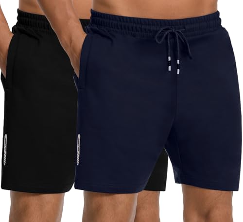Herren 2 Pack Baumwolle sportliche Shorts elastische Taille Workout Running Shorts Inseam 7'' mit Reißverschluss Taschen Schwarz/Marine 03-2XL von Holure
