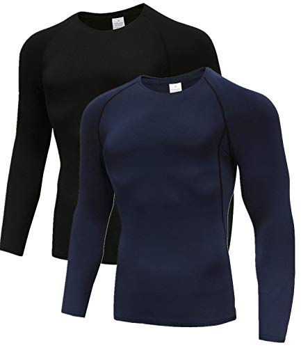 Herren 2er Pack Base Layers Tops, Langarm Gym Running Workout T-Shirts für Mann Schwarz/Marine03-2XL von Holure