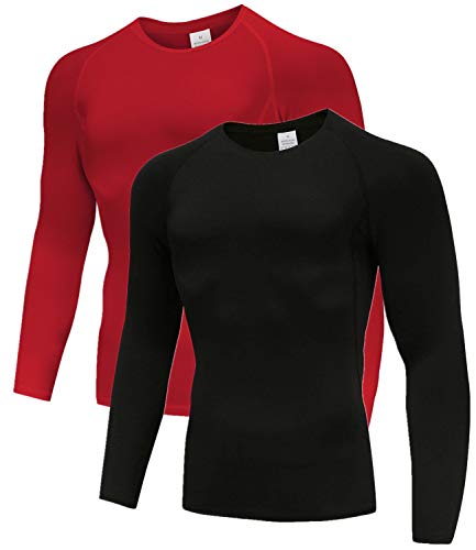 Herren 2er Pack Base Layers Tops, Langarm Gym Running Workout T-Shirts für Mann Schwarz/Rot01-2XL von Holure