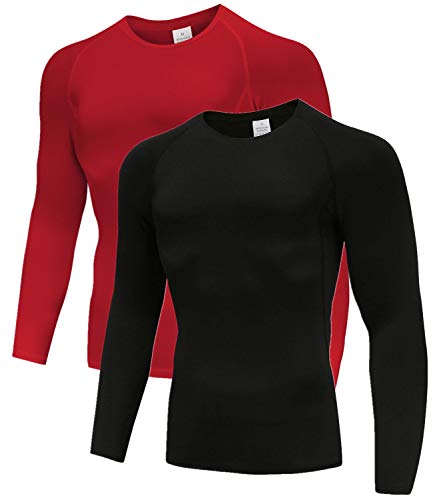 Herren 2er Pack Base Layers Tops, Langarm Gym Running Workout T-Shirts für Mann Schwarz/Rot01-M von Holure