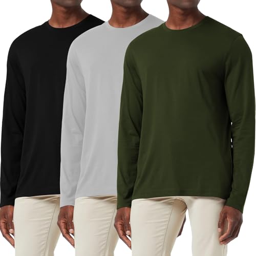 3-Pack Herren Baumwollhemd Loose Fit Langarm T-Shirt Feuchtigkeitsableitend Rundhalsshirts Komfort Casual Base Layer Tops Schwarz/Grau/Grün-3P02-2XL von Holure
