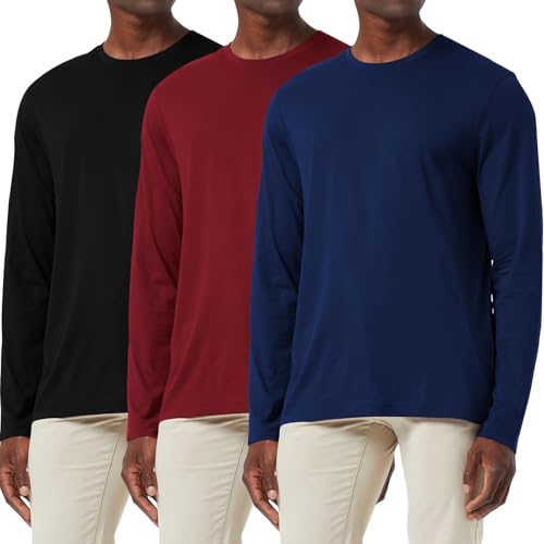 3-Pack Herren Baumwollhemd Loose Fit Langarm T-Shirt Feuchtigkeitsableitend Rundhalsshirts Komfort Casual Base Layer Tops Schwarz/Marine/Rot-3P03-L von Holure