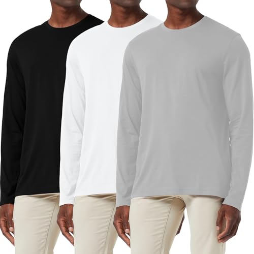 3-Pack Herren Baumwollhemd Loose Fit Langarm T-Shirt Feuchtigkeitsableitend Rundhalsshirts Komfort Casual Base Layer Tops Schwarz/Weiß/Grau-3P01-2XL von Holure