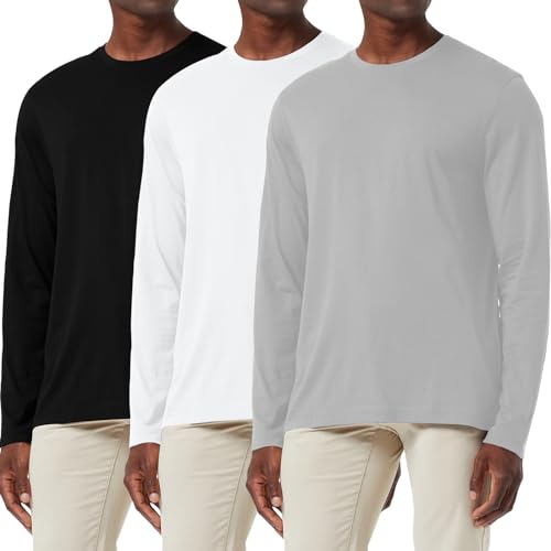 Herren 3er Pack Lose Passform Langarm T-Shirt Feuchtigkeit Wicking Rundhalsausschnitt Shirts Leichte Komfort Lässig Base Layer Tops Schwarz/Weiß/Grau-3P01-L von Holure