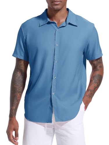 Herren Hemd Kurzarm Freizeithemd Button Down Shirt Sommer Strand Casual Regular Fit Shirt Blau-2XL von Holure
