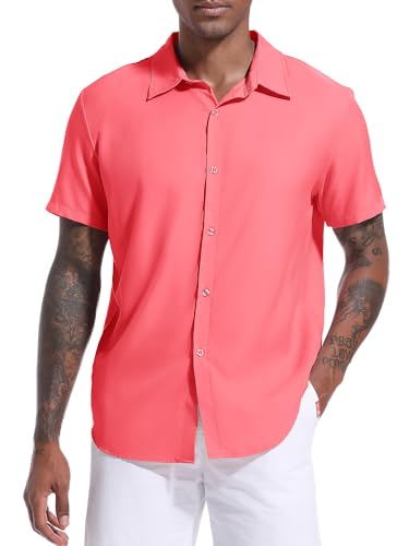 Herren Hemd Kurzarm Freizeithemd Button Down Shirt Sommer Strand Casual Regular Fit Shirt Rosa-XL von Holure
