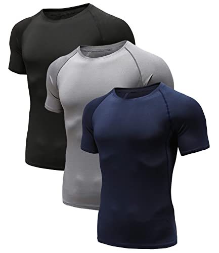 Herren Kompressionsshirt Grundschicht Kurzarm Sport T-Shirt Funktions Atmungsaktiv Tops für Männer Schwarz/Grau/Marine 03-M von Holure