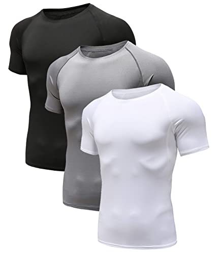 Herren Kompressionsshirt Grundschicht Kurzarm Sport T-Shirt Funktions Atmungsaktiv Tops für Männer Schwarz/Grau/Weiß 02-2XL von Holure