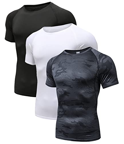 Herren Kompressionsshirt Grundschicht Kurzarm Sport T-Shirt Funktions Atmungsaktiv Tops für Männer Schwarz/Weiß/Camo Schwarz 07-XL von Holure