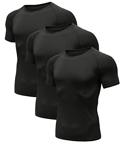 Herren Kompressionsshirt Grundschicht Kurzarm Sport T-Shirt Funktions Atmungsaktiv Tops für Männer Schwarz/Schwarz/Schwarz 01-2XL von Holure