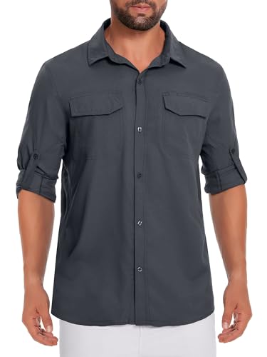 Herren UPF50+ Angelshirts Langarm Sonnenschutz Leichtes Wanderhemd Knopfhemd Trainingsshirts mit Reißverschlusstaschen Dunkelgrau 04-L von Holure