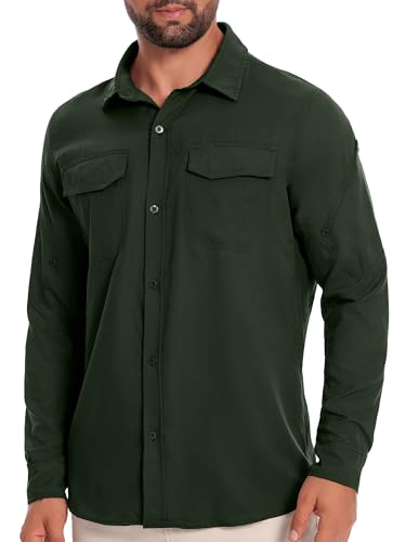 Herren UPF50+ Angelshirts Langarm Sonnenschutz Leichtes Wanderhemd Knopfhemd Trainingsshirts mit Reißverschlusstaschen Grün 05-L von Holure