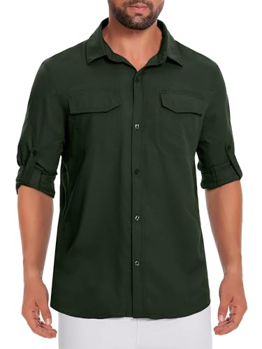 Herren UPF50+ Angelshirts Langarm Sonnenschutz Leichtes Wanderhemd Knopfhemd Trainingsshirts mit Reißverschlusstaschen Grün 05-S von Holure
