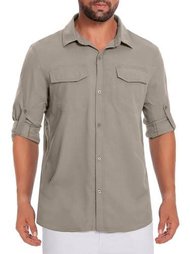 Herren UPF50+ Angelshirts Langarm Sonnenschutz Leichtes Wanderhemd Knopfhemd Trainingsshirts mit Reißverschlusstaschen Khaki 03-S von Holure