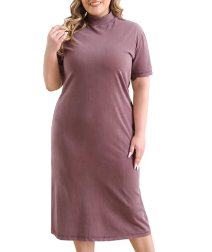 Holure Damen Kurze Ärmel lose gerippte Hälfte hohen Hals Baumwolle solide Farbe gerade zurück Saum Split Casual Kleid Violett-XL von Holure