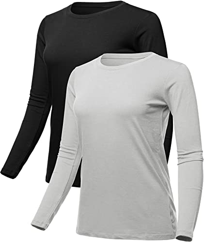 Holure Damen Langarmshirt 2er Pack Basic Shirt Atmungsaktive Rundhals Shirt Baumwolle Bluse Oberteile Tops Schwarz/Grau 2XL von Holure