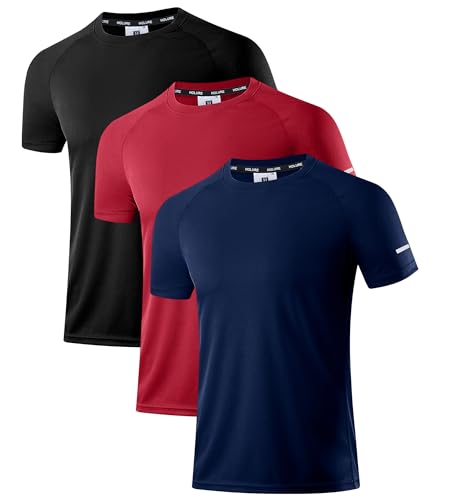 Holure Herren 3er Pack Sports Atmungsaktiv Schnelltrocknend Kurzarm T-Shirts Schwarz/Dunkelblau/Rot XXL von Holure