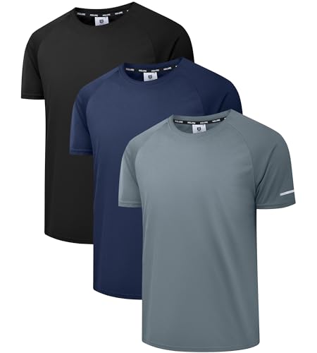 Holure Herren 3er Pack Sports Atmungsaktiv Schnelltrocknend Kurzarm T-Shirts Schwarz/Dunkelgrau/Marine L von Holure