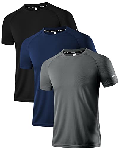 Holure Herren 3er Pack Sports Atmungsaktiv Schnelltrocknend Kurzarm T-Shirts Schwarz/Dunkelgrau/Marine XL von Holure