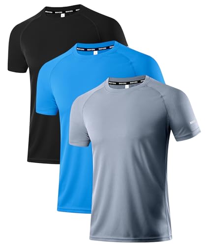 Holure Herren 3er Pack Sports Atmungsaktiv Schnelltrocknend Kurzarm T-Shirts Schwarz/Grau/Blau L von Holure