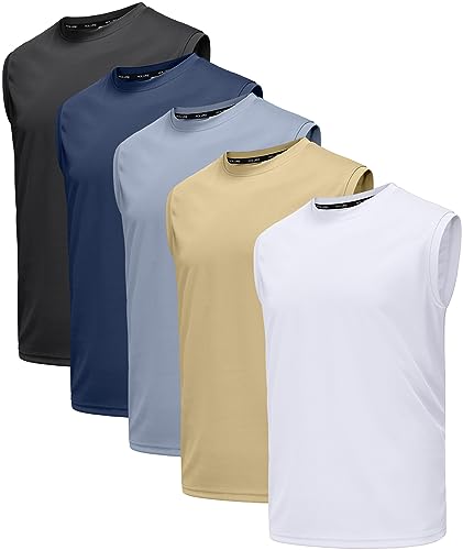 Holure Herren 5 Pack Tank Top Quick Dry Ärmelloses Muskelshirt Reflektierende Streifen Funktionsshirt Schwarz/Khaki/Grau/Weiß/Navy 02-2XL von Holure