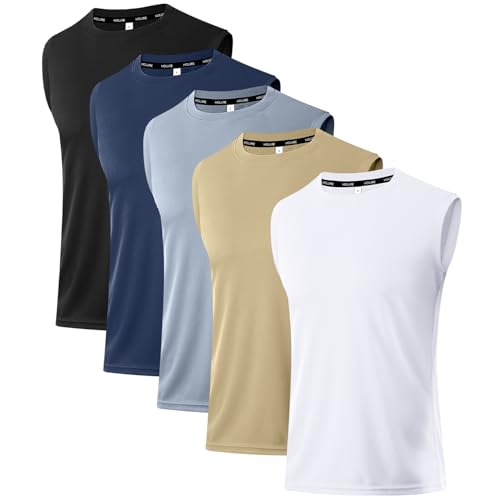 Holure Herren 5 Pack Tank Top Quick Dry Ärmelloses Muskelshirt Reflektierende Streifen Funktionsshirt Schwarz/Khaki/Grau/Weiß/Navy 02-2XL von Holure