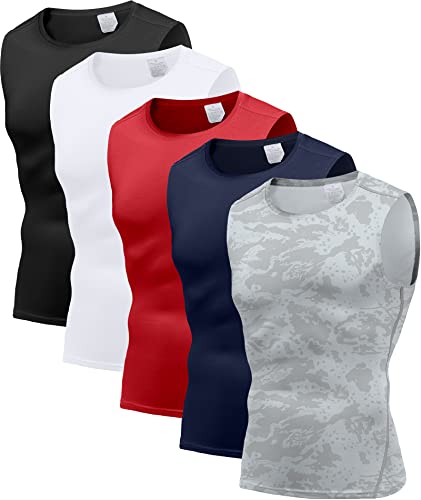 Holure Herren 5er Pack Kompressionsshirt Tank Top Quick Dry Ärmelloses Muskel Shirt Funktionsshirt Schwarz/Camo Grau/Weiß/Navy/Rot02-XL von Holure