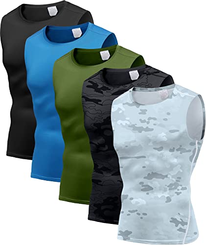 Holure Herren 5er Pack Kompressionsshirt Tank Top Quick Dry Ärmelloses Muskel Shirt Funktionsshirt Schwarz/Camo-Schwarz/Camo-Weiß/Blau/Grün01-L von Holure