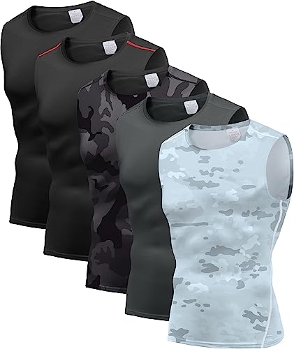 Holure Herren 5er Pack Kompressionsshirt Tank Top Quick Dry Ärmelloses Muskel Shirt Funktionsshirt Schwarz/Schwarz-Rot Linie/Camo Schwarz01/Grau/Camo Weiß 04-M von Holure