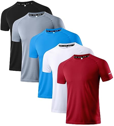 Holure Herren 5er Pack Sports Atmungsaktiv Schnelltrocknend Kurzarm T-Shirts Schwarz/Grau/Blau/Weiß/Rot 02-M von Holure