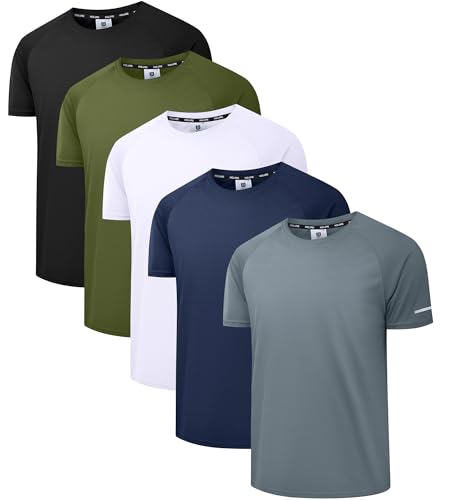 Holure Herren 5er Pack Sports Atmungsaktiv Schnelltrocknend Kurzarm T-Shirts Schwarz/Grün/Weiß/Marine/Dunkelgrau 05-XL von Holure