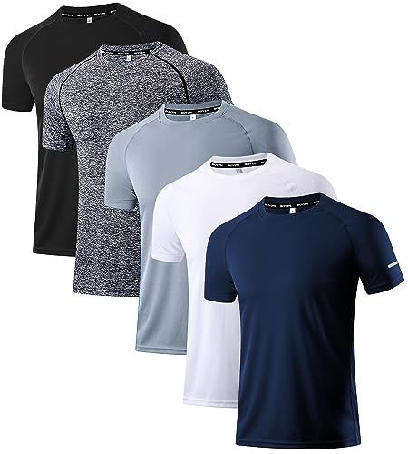 Holure Herren 5er Pack Sports Atmungsaktiv Schnelltrocknend Kurzarm T-Shirts Schwarz/Heather grau//Grau/Weiß/Marine 03-L von Holure