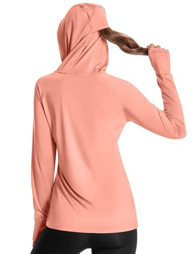 Damen Laufshirt UPF 50+ Sonnenschutz Hoodie Sportshirt UV Shirt Langarm Wandern Outdoor Shirt Schnelltrocknend Leichter Rosa 04-XL von Holure