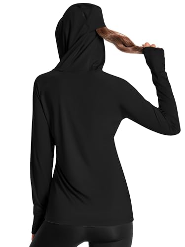 Damen Laufshirt UPF 50+ Sonnenschutz Hoodie Sportshirt UV Shirt Langarm Wandern Outdoor Shirt Schnelltrocknend Leichter Schwarz 01-M von Holure