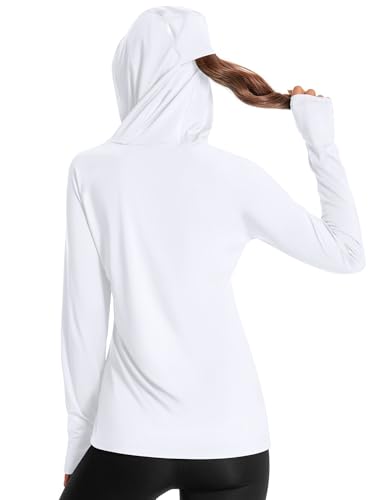 Damen Laufshirt UPF 50+ Sonnenschutz Hoodie Sportshirt UV Shirt Langarm Wandern Outdoor Shirt Schnelltrocknend Leichter Weiß 02-L von Holure