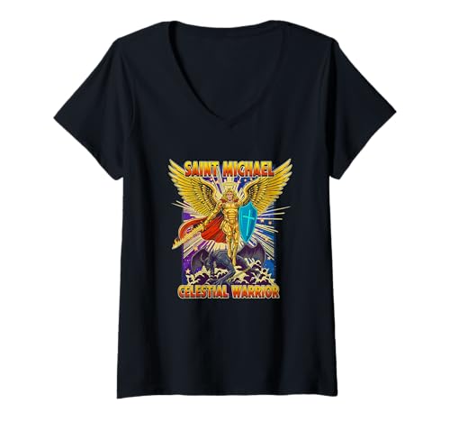 Damen Heiliger Erzengel Michael der Himmelskrieger Design T-Shirt mit V-Ausschnitt Damen Heiliger Erzengel Michael der Himmelskrieger Design T-Shirt mit V-Ausschnitt von Holy Art