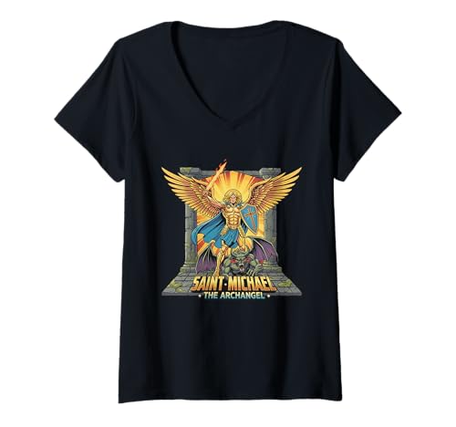 Damen Saint Michael der Erzengel Krieger Design T-Shirt mit V-Ausschnitt Damen Saint Michael der Erzengel Krieger Design T-Shirt mit V-Ausschnitt von Holy Art