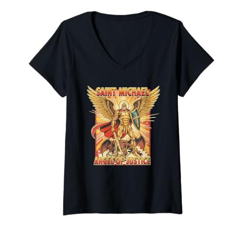 Damen Saint Michael der Erzengel der Gerechtigkeit Kunstwerk T-Shirt mit V-Ausschnitt Damen Saint Michael der Erzengel der Gerechtigkeit Kunstwerk T-Shirt mit V-Ausschnitt von Holy Art