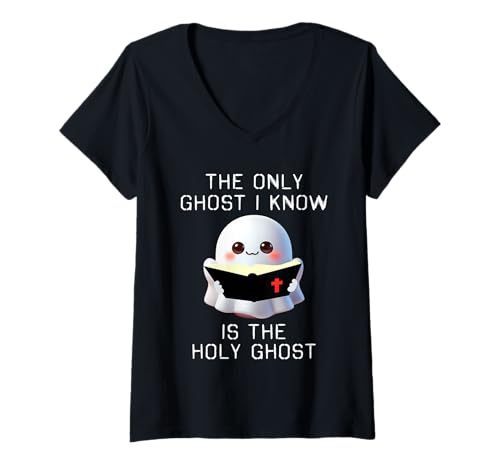 Damen Bibel Der einzige Geist, den ich kenne, ist der Heilige Geist Boo Halloween T-Shirt mit V-Ausschnitt von Holy Ghost Spooky Halloween Shirts