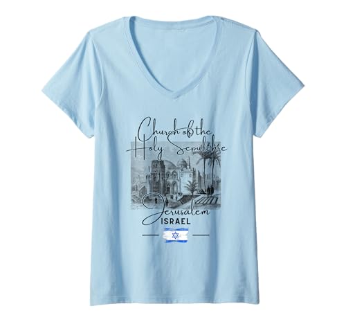 Damen Grabeskirche Jerusalem Christliche Religion T-Shirt mit V-Ausschnitt Damen Grabeskirche Jerusalem Christliche Religion T-Shirt mit V-Ausschnitt von Holy Jerusalem Israel Flag Souvenir Shop