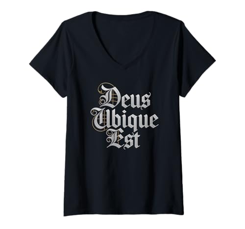 Damen Deus Ubique Est God is Everywhere Gothic-Hemd im Vintage-Stil T-Shirt mit V-Ausschnitt von Holy Script Gothic Apparel