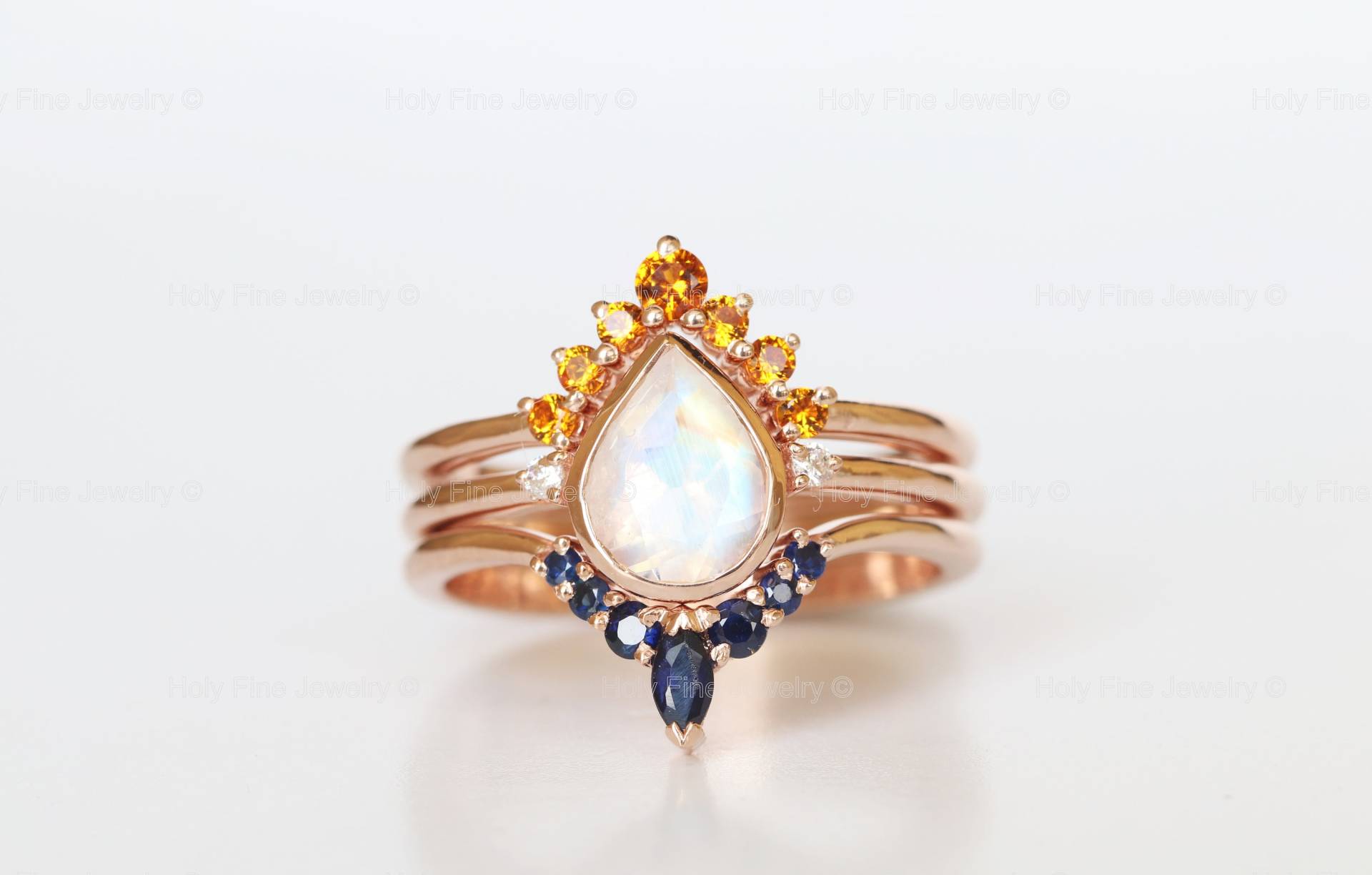 3stk Mondstein Verlobungsring Mit Diamanten Rosegold Ehering Marquise Saphir, Orange Saphir, Geschwungener Passender Pear Cut Promise Ring von HolyFineJewelry