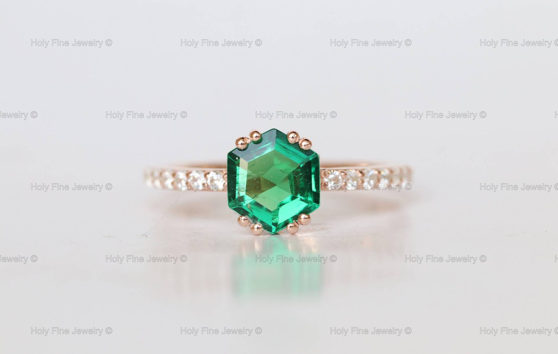 Hexagon Ring Smaragd Verlobungsring Mai Geburtsstein Vintage Jahrestag Sterling Silber Zierlich Personalisierter Roségold Frau von HolyFineJewelry