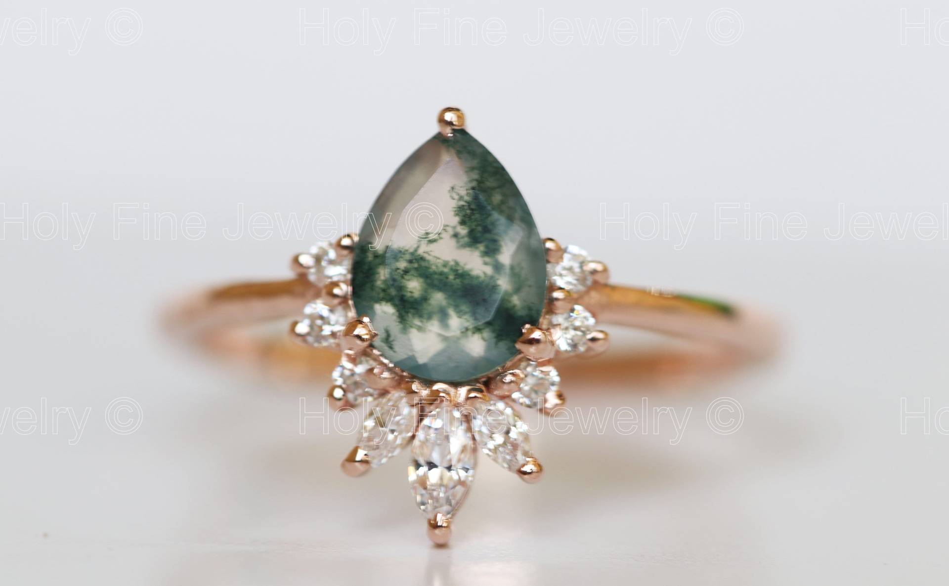 Natürliche Birnenförmige Moos Achat Verlobungsring Vintage Ring Marquise Geschnitten Moissanite Grüner Braut Set Geschenk Für Sie von HolyFineJewelry
