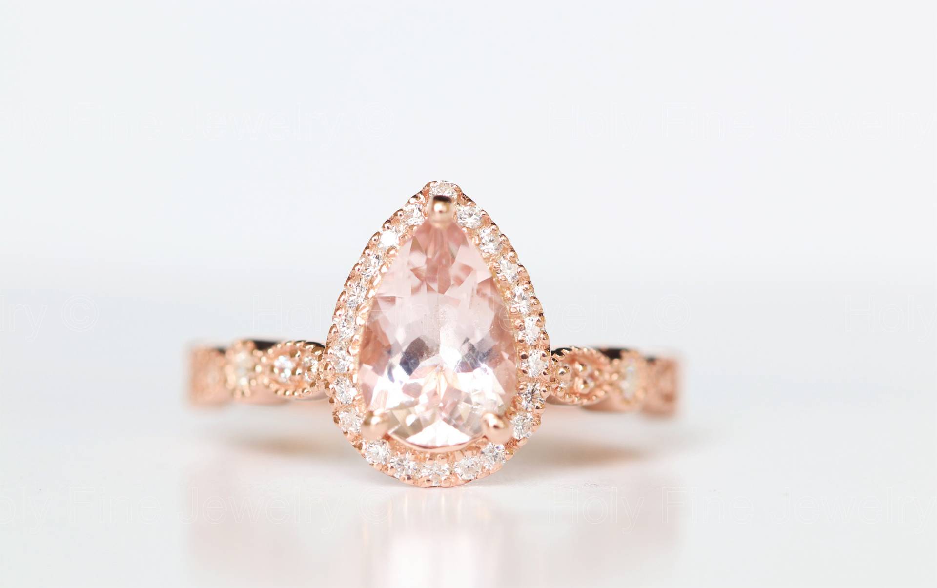 Natürlicher Pfirsich Rosa Art Deco Pear Cut Morganit Halo Verlobungsring Unikat Rosegold Zart Jahrestag Braut Geburtsstein Geschenk von HolyFineJewelry