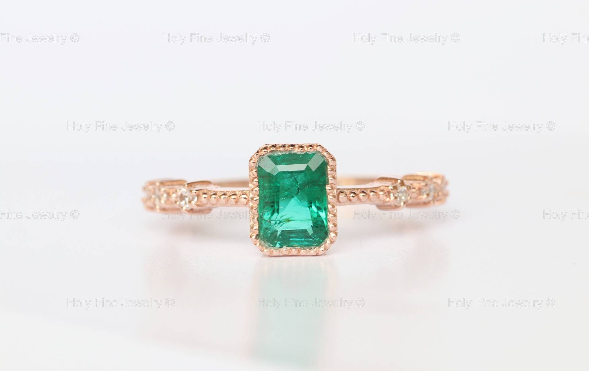 Natürlicher Smaragd Schliff Art Deco Verlobungsring in 14K Roségold Minimalist Style Jahrestag Mai Geburtsstein Hochzeit von HolyFineJewelry